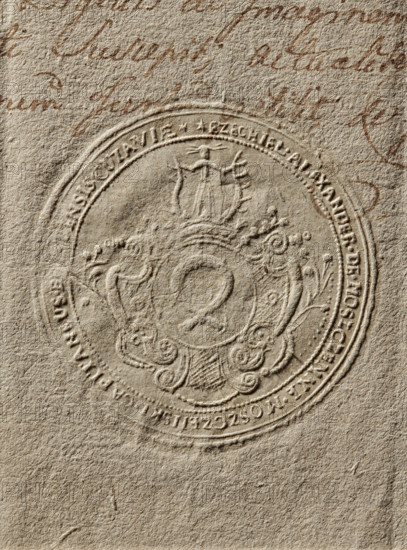 Round dry impression of the seal of Ezekiel Aleksander of Moszczenna Moszczenski, starost of Brzesko Kujawy. The Nalecz coat of arms with a jewel above a crowned, decorative shield. Around the rim is the inscription: EZECHIEL. ALEXANDER. DE. MOSZCZENNE. MOSZCZENSKI. CAPITANEUS. B[?]NIS CUIAVIAE, 1785. Polish stamp., A textured beige paper surface with an embossed circular seal near the center showing ornate decorative elements and a central circular emblem, surrounded by a raised border and intricate flourishes; faint cursive handwriting appears at the top in a brownish color; overall colors visible are beige, tan, light brown, and hints of darker brown in the handwriting.
