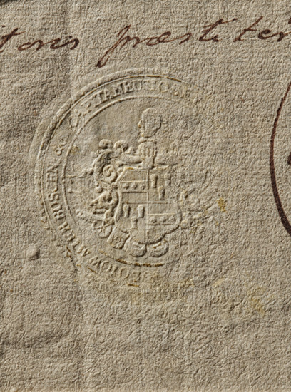 Seal of the Starost of Busko (ca. 1771). Round dry impression of the seal of the Starost of Busko. On a 4-field shield (1-3, 2-4) an own coat of arms with a jewel above a crowned helmet, surrounded by a panoply. Illegible rim inscription: CAPITANEUS, OW MIER BUSCHEN. 1771, Poland., The image shows a close-up of textured beige paper with an embossed circular seal featuring a raised coat of arms and decorative elements; the embossing creates shadows and highlights in the same beige tones. There is a visible brown handwritten stroke near the top and a curved brown mark along the right edge. The paper surface displays irregular fibers and slight yellowish spots, with overall colors of beige, brown, and hints of yellow.