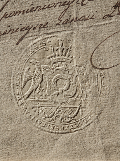 Seal of Count Laczynski, Starost of Gostyn (1st half of the 18th century–1795). Round seal impression of the starost's private seal (1789). In the decorative crowned shield, the Nalecz coat of arms with a jewel, the shield supported by two eagles. The inscription on the rim is partially illegible. Poland., The image shows a close-up of embossed paper with a circular seal or crest pressed into it, surrounded by handwritten ink markings. The paper is textured and beige to light brown in color with darker brown ink strokes visible near the top and right edges. The embossed design features ornamental elements including a crown-like shape at the top, a pair of bird-like figures flanking a central shield or medallion, and decorative scrollwork and lattice patterns within the circular border. The embossing creates raised and recessed areas that cast subtle shadows, emphasizing the textured surface of the paper.