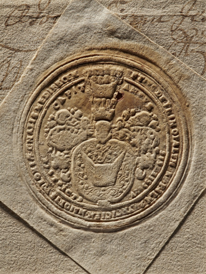 Round seal impression of Piotr Opalinski of Bnin, Piotr z Bnin (fl. ca. 1695), Zurakowski, Witold (?-1927). On a round shield with very rich labres, on a floral background, the Lodzia coat of arms with a jewel above a crowned helmet. Around the rim is the inscription: ET, DE BNIN . OPALEN, T, OPALN., CICIEN . MINORIS . POLONIAE . GNALIS MEDIPECEN, // CAPITANEUS, 1695, Poland, stamp, A close-up of an embossed circular seal pressed into aged paper shows textured concentric rings and ornate raised relief depicting a crowned shield flanked by decorative floral and scroll motifs; the paper has a rough fibrous surface with visible creases and layered sheets positioned at angles beneath the seal, and the visible colors are shades of beige, tan, brown, and off-white.