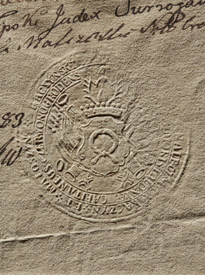 Round seal impression of Kazimierz Raczynski, Starost of Chervonograd, Starost General of Greater Poland. On the decorative shield, the Nalecz coat of arms with a jewel above the count's crown; behind the shield a panoply; two orders at the bottom. Illegible inscription in the double rim. 1782, Poland., A close-up of a textured, tan-beige paper surface with an embossed circular seal showing raised ornamental details including a crown, laurel-like leaves, and ribbon shapes, and a few areas of dark brown ink handwriting partially visible near the top and left edges.