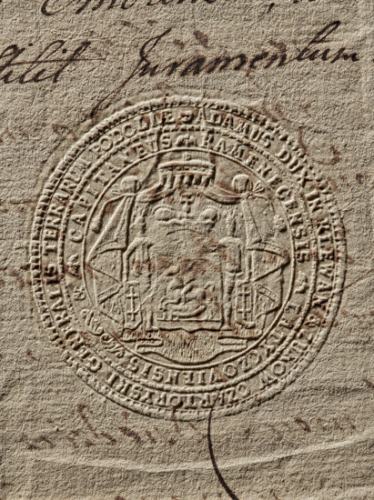 Round seal impression of Prince Adam Czartoryski, Starost of Kamieniec. Shield with the Pogon coat of arms under a mitre, supported by two knights, placed under an ermine tent. Inscription on the double rim: 'ADAMUS DUX IN KLEWAN & ZUKOW CZARTORYSKI GENERALIS TERRARUM PODOLIAE // KAMENECENSIS LATYCZOVIENSIS CAPITANEUS', 1789, Poland., A close-up of a textured beige paper with an embossed circular seal near the center; the seal has ornate concentric borders and an intricate central design that includes drapery-like shapes, a crowned element, and decorative motifs, all rendered in the same beige tone with shadowed highlights. There are a few areas of darker brown ink marks and cursive strokes above and around the seal, and several thin dark brown scratches or speckles scattered across the paper. The overall color palette consists of beige, light tan, and dark brown.