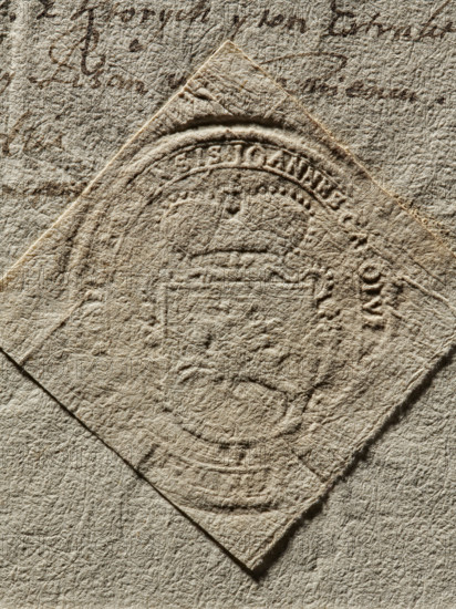 Seal of Jan Karol Sanguszko, Starost of Krzesno. Oval impression showing the Pogon coat of arms beneath a grand-ducal mitre. Illegible rim inscription: JOANNES CAROLUS ... 1676. Poland; seal; dimensions 44.5 mm and 52 mm. Maker attributed: Zurakowski, Witold (?-1927). Subjects: coat of arms seals, document seals, private seals, seals of starosts., A textured close-up of overlapping sheets of aged paper in beige and light brown tones, one sheet positioned diagonally over another, showing an embossed circular seal with raised ridges and decorative elements, a few darker brown ink marks and scribbles visible near the top edge, and a surface full of fibrous grain, creases, and subtle shadows accentuating the paper's rough, uneven texture.