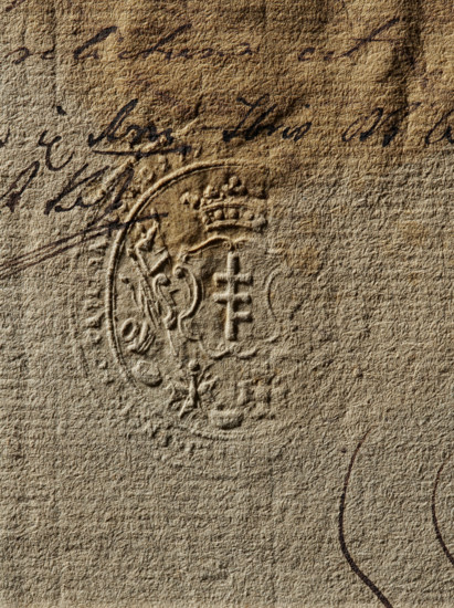 Seal of the Starost of Lublin, Starost of Lublin (ca. 1777), Zurakowski, Witold (?-1927), coat of arms seals, private seals, document seals, Pilawa (coat of arms), seals of starosts, Order of the White Eagle. Round imprint of the seal of the Starost of Lublin. On a decorative crowned shield, the Pilawa coat of arms. Behind the shield, a panoply, below, the Order of the White Eagle. Only the right side of the seal is visible. The rim inscription is illegible. 1777, Poland, seal, The image shows a close-up of textured paper in shades of brown, tan, and beige with an embossed circular seal featuring a crowned top and a cross-like symbol in the center; there are a few dark brown ink marks and scribbles near the top and a curved dark brown line near the right edge, with the paper surface showing creases and a rough fibrous texture throughout.