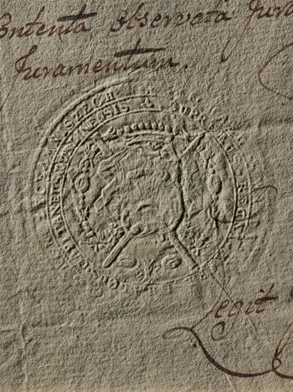 Seal of Michal Jerzy Mniszech, Starost of Lublin, Mniszech, Michal Jerzy Wandalin (1748–1806). Round seal impression. On a decorative crowned shield, the Mniszech coat of arms; behind the shield a crossed sword and scabbard; around it a decorative chain with the Order of the White Eagle. Inscription on the double rim, largely illegible. 1791, Poland., A close-up of textured beige paper showing an embossed circular seal with intricate raised designs and decorative elements, surrounded by a few areas of brown ink handwriting and curving ink strokes; visible colors include beige, brown, and a few darker brown accents.