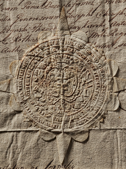 Seal of Eustachy Potocki, starost of Lviv, Eustachy Potocki (1720–1768), Zurakowski, Witold (?-1927). Round imprint of the seal of Eustachy Potocki, starost of Lviv. The Pilawa coat of arms in a decorative crowned cartouche; behind, rich panoplies; below, the Order of the White Eagle. In the double rim, the inscription: 'EUSTACHIUS.A.POTOK.POTOCKI.SUPREMUS.MAGISTER.ARTILERIAE.MA.DU.LITHVANIAE.LEOPOLIENSIS.GENERALIS//URZENDOVIENSIS.TLUMACENSIS:&C:CAPITANEUS:AQUILAE.ALBAE 1762.' Date: 1762. Poland. Seal., The image shows an embossed circular seal pressed into textured, aged paper with a scalloped edge and pointed tabs extending outward, featuring intricate raised designs including a central emblem with decorative motifs and surrounding concentric rings of raised elements; the paper and seal are in varying shades of beige, tan, and brown, and there is cursive handwriting partially visible around and behind the seal in dark brown ink.