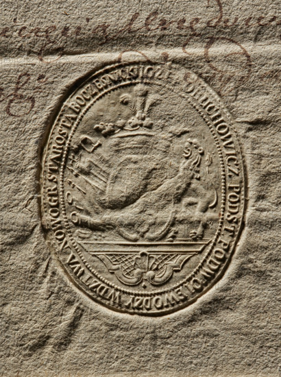 Seal of Józef Obuchowicz, Starost of Boczesnik; Oval impression of the seal. On the decorative console, an oval coat of arms with an illegible device; in the jewel above the crown three ostrich feathers. On the left, a rampant lion supports the shield; on the right, panoplies visible. Inscription around the rim: JOZEF OBUCHOWICZ PODST.PODWOIEWODZY WDZTWA NOWOGR STAROSTA BOCZESNICKI. Date: 1790. Poland. Stamp; sizes: 49 mm and 62 mm., An oval embossed seal pressed into textured beige paper, showing a raised relief of a reclining lion wearing a crown and ornate decorative elements inside the oval border, with a few handwritten ink marks in dark brown and reddish-brown near the top; visible colors include beige, tan, light brown, dark brown, and reddish-brown.