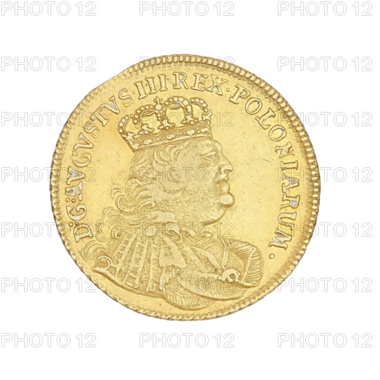 Crown Augustus, Augustus III Sas (King of Poland; 1733–1763), maker: Ernest Dietrich Croll (fl. 1753–1763). Augustus III Sas (King of Poland; Elector of Saxony; 1696–1763). Leipzig (Germany). Thaler (coin), Saxony/Poland, 1754. Obverse: Bust of the king with a crown in right profile. Legend: D:G:AUGUSTUS III.REX POLONIARUM. Reverse: Under a crown, a five-field shield with the Polish, Lithuanian, and Saxon coats of arms; below the initials EC and the value 5.TH. Inscription: SAC.ROM.IMP.ARCHIM.ET ELECT. Weight: 6.59 g.