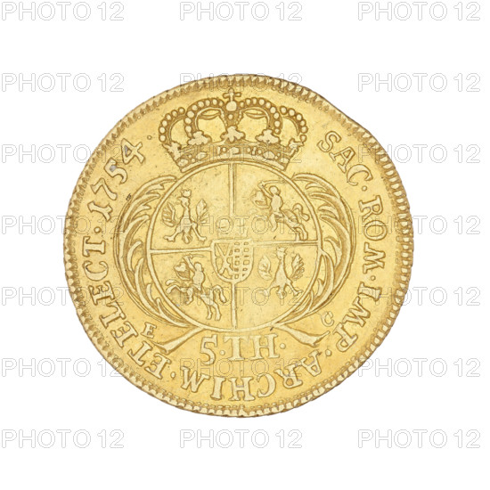 Crown Augustus, Augustus III Sas (King of Poland; 1733–1763), Croll, Ernest Dietrich (fl. 1753–1763), Augustus III Sas (King of Poland; Elector of Saxony; 1696–1763), Leipzig (Germany), thaler, Saxony, Polish coins, crowns. Obv.: Bust of the king with a crown in right profile. Legend: D:G:AUGUSTUS III.REX POLONIARUM. Rev.: Under the crown, a five-field shield with the Polish, Lithuanian and Saxon coats of arms. Below the initials EC and the value 5.TH. Inscription: SAC.ROM.IMP.ARCHIM.ET ELECT. 1754. Date: 1754. Poland, Saxony, Leipzig, coin, weight 6.59 g