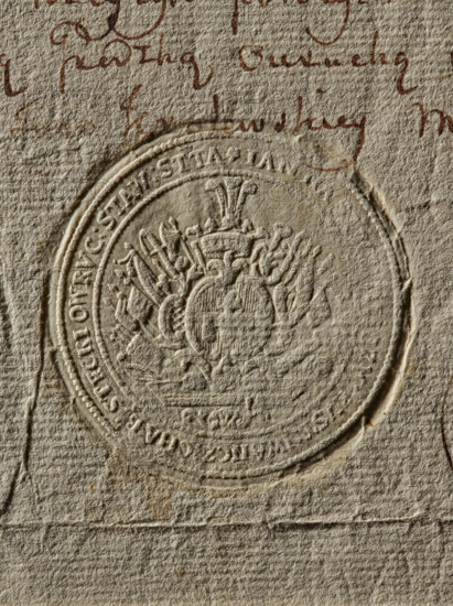 Seal of Jan Stecki, starost of Owrucz (1776). Round seal impression with an oval decorative cartouche bearing the Radwan coat of arms on a decorative console. Above the rank crown are three ostrich feathers; rich panoplies behind the shield. Rim bears a partially illegible inscription: IAN MA, EUST : IWANCE : CHAB : STECKIOWRUC : STAW : STTA, 1776. Polish stamp; private/document seal., A close-up of textured beige paper with an embossed circular seal featuring a decorative central emblem and ornate surrounding patterns, with a few areas of brown ink handwriting visible near the top edge; visible colors include beige, light tan, and brown.
