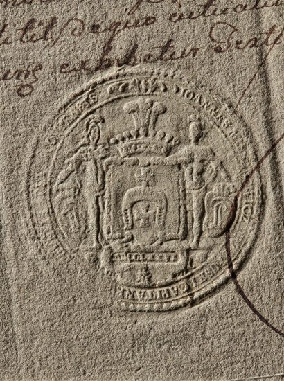Seal of Jan Mieszkowicz-Przyluski, starost of Piotrów, Jan Mieszkowicz-Przyluski (fl. ca. 1789). Round seal impression. Rectangular decorative cartouche with the Lubicz coat of arms supported by two knights with shields. Below the shield is the Order of the White Eagle. In the jewel above the 9-baton crown are three ostrich feathers. In the rim is a largely illegible inscription: IOANNES M, ICZ, USKI, CAPITANE, ., 1789, Poland, stamp, The image shows an embossed circular seal pressed into textured beige paper, with an ornate central shield flanked by two standing human figures and topped by a crown-like emblem; the paper surface has visible fibrous texture and darker brown handwritten ink marks crossing near the seal; overall colors visible are beige, tan, and brown.