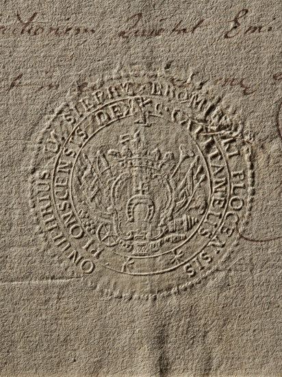 Seal of Onufry Bromirski from Bromierz, starost of Plock; Bromirski, Onufry (1740–1834); Zurakowski, Witold (?-1927). Round seal impression of Onufry Bromirski. In a decorative cartouche, the Pobóg coat of arms with a jewel above the rank crown. Rich labry around the cartouche. In a double rim, a partially illegible inscription: 'BROMIRSKI PLOCENSIS ONUPHRIUS UI SIEPR, // C.CAPITANEUS ** PLONSCENSIS DE, 1786.' Poland. Seal, private seal, coat of arms seal, seal of a starost, seal attached to documents., A close-up of textured tan paper with an embossed circular seal in the center showing a detailed crest with ornamental flourishes and a wreath-like border; the paper has visible fibrous grain and creases, a few darker brown inked scribbles near the top and right edges, and subtle variations of beige and light brown across the surface.