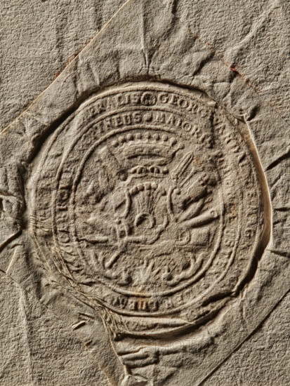 Seal of Michal Jerzy Wandalin Mniszech, Starost of Lublin. In a decorative cartouche topped with a 9-baton crown, the Mniszech coat of arms. Behind the shield, standing on a decorative console, rich panoplies; below it, the Order of the White Eagle. Illegible inscription on a double rim. 1767, Poland., A close-up of an embossed circular seal pressed into textured paper showing a central crowned emblem with decorative flourishes and surrounding concentric bands, the paper surface appearing wrinkled and creased with torn edges; visible colors include beige, tan, light brown, and hints of darker brown in the recessed areas.