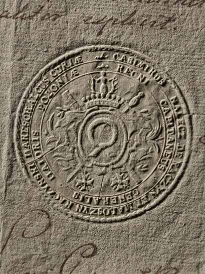 Imprint of the seal of Kazimierz Raczynski, Starost General of Greater Poland (Kazimierz Jan Nepomucen Raczynski, 1739–1824), by Zurakowski, Witold (?-1927). In an oval decorative cartouche, the Nalecz coat of arms with a jewel above a nine-baton crown. Behind the cartouche, a crossed karabela and a scabbard; below, on ribbons, two orders. In the double rim an inscription reads: CASIMIRUS NALECZ DE RACZYN ET MALOSZYN RACZYNSKIM ARESCHALCUS CURIAE // REGNI CAPITANEUS GENERALIS MAIORIS POLONIAE, 1787. Stamp, Poland., The image shows an embossed circular seal pressed into a textured beige paper surface, with raised decorative elements including a central circular emblem, a crown-like motif above it, ornamental flourishes and floral shapes around the inner circle, and an outer ring containing raised characters; the paper has a fibrous, rough texture and there are a few sweeping, curved ink marks in a dark reddish-brown color at the top and bottom edges.