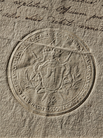 Seal of Józef Kajetan Ossolinski, Starost of Samdomier; coat of arms seal, private document seal. Round seal impression of the seal of Józef Kajetan Ossolinski, Starost of Samdomier of Teczyn. In a decorative cartouche entwined with a palm and oak branch: the Topór coat of arms with a jewel above a nine-baton crown. Behind the shield are two crossed swords; on the ribbon the Order of the White Eagle. Inscription around the rim: IOSEPHUS CAIETANUS COMES DE TENCZYN OSSOLINSKICASTRENSIS SANDOMIRIENSIS CAPITANEUS. Date: 1789. Medium/format: stamp. Country: Poland., A close-up of textured paper in tan and beige tones showing an embossed circular seal with a heraldic shield, crown, decorative flourishes, swords, and laurel-like leaves; a few lines of handwritten script in dark brown ink appear near the top; the paper shows creases, fibers, and subtle shadows emphasizing the raised seal and rough surface.