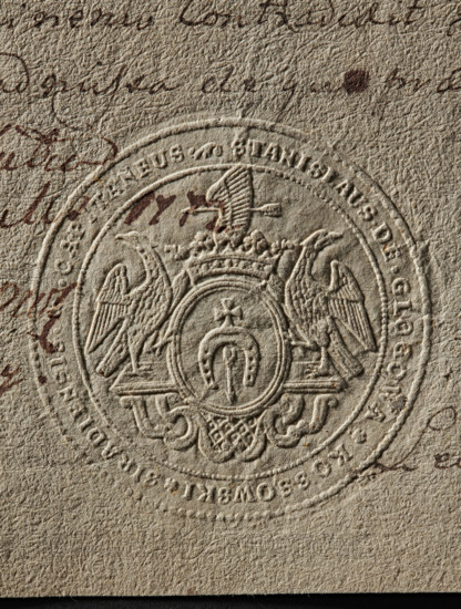 Seal of Stanislaw Kossowski, Starost of Sieradz. Round seal impression. Oval shield with the Dolega coat of arms and a jewel above a rank crown, supported by two eagles standing on a decorative console. In the rim is the inscription: STANISLAUS DE GLOGOWA KOSSOWSKI SIRADIENSIS CAPITANEUS. 1739, Poland., A textured beige paper with an embossed circular seal showing a central crest flanked by a pair of stylized birds and topped by a small crown and an eagle-like figure, with decorative scrollwork and ornamental shapes within and around the circle; there are a few areas of dark brown ink or stains and some cursive handwriting visible in dark brown across the background.