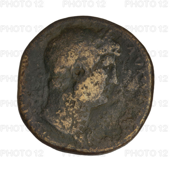 Sestertius of Hadrian (76–138; Roman emperor 117–138). Obverse: head of Hadrian in a laurel wreath right; rim inscription erased. Reverse: Neptune, with a foot on the prow of a ship, stands turned right holding an acrostolium in his left hand and a trident in his right; on both sides SC; rim inscription. Roman Empire, Rome, 2nd century CE. Coin; weight 26.40 g; axis 180 degrees.
