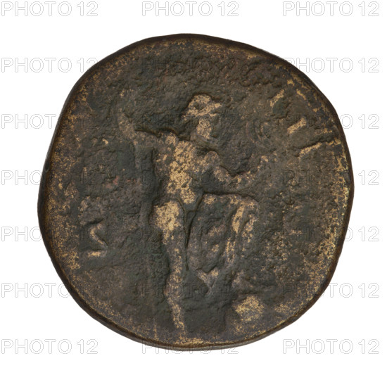 Sestertius, Hadrian (76–138; Roman emperor 117–138). Obverse: head of Hadrian in a laurel wreath right; rim inscription erased. Reverse: Neptune, with a foot on the prow of a ship, stands turned right holding an acrostolium in his left hand and a trident in his right; on both sides SC; rim inscription. Coin; Rome, Roman Empire (27 BC–476). Weight 26.40 g; axis 180 degrees.