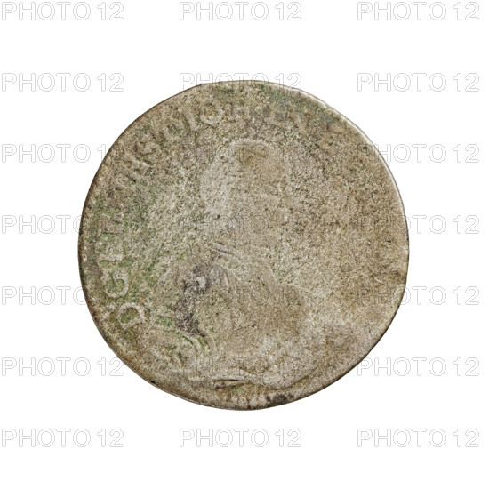 Trojak, Ernest Jan Biron (Duke of Courland and Semigallia; 1763–1769), engraved by Justyn Karol Schröder (Mitawa mint master 1763–1764). Obverse: in the border, a male bust in armor girded with a sash and wearing a wig, turned to the right, dividing the rim inscription D.G.ERNEST.IOH.IN.LC&-Rw. Under the ruler's mitre separating the rim inscription, two coats of arms with the White Eagle and the Pogon (Chase), below the value numeral 3 under which the letters ICS. In rim: MON.ARGENT.DVC:CVRLAN. Date: 1764, Mitawa, Duchy of Courland and Semigallia. Coin, weight 1.74 g. Iconography: Ernest Jan Biron (1690–1772) — princely male bust in armor portrayed to the right; portraits of ruler in rich/ceremonial armor; shields and coats of arms.