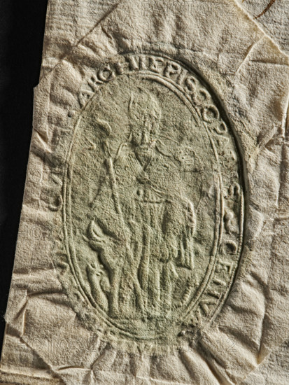 Official seal, archbishop's curia; two seal impressions on a document. Each impression shows a crowned double-headed eagle with a coat of arms in the center. Dry seal impression depicts a clergyman standing in front, holding a crosier in his right hand. 1770, Italy, Genoa., A close-up of a textured, crumpled piece of paper with an embossed oval seal showing a raised figural scene; the paper is mostly off-white and beige with a greenish tint concentrated within the embossed area, and there is a vertical strip of black along the left edge. The embossed oval contains the faint relief of a central standing figure, another smaller figure nearby, and ornamental shapes around the rim; shadows and highlights emphasize the creases and fibrous surface, producing tones of beige, cream, pale green, dark gray, and muted brown.