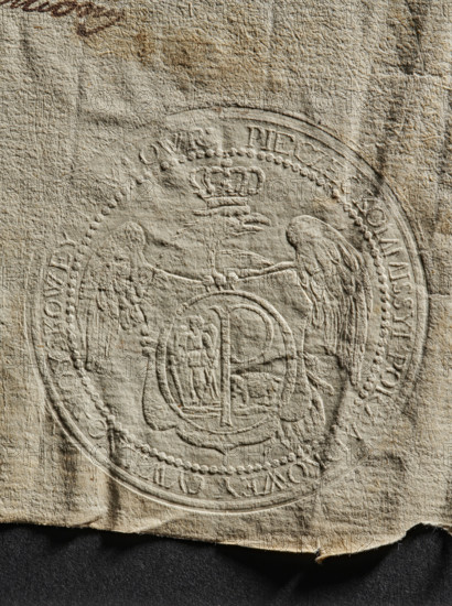 Round dry impression of the seal of the Civil-Military Order Commission of Owruck County, 1790. Round impression showing in the field a crowned eagle with its head facing left; on the eagle a decorative shield bearing St. Michael holding a downward-pointing sword in one hand and a sword scabbard in the other, with a central capital letter P and a bear (coats of arms of the Kilów Voivodeship). In the rim an inscription: 'PIECZEC KOMMISSYI PORZADKOWEY CIWILNO-WOYSKOWEY POW : OWR.' Poland, Owrucki poviat., A textured, crumpled sheet with an embossed circular seal occupies most of the image; the seal shows a symmetrical design with a crowned emblem at the top, two stylized wings or bird-like forms flanking a central shield with intricate raised details, and a beaded border around the circle. The paper is mainly beige and off-white with areas of darker tan and light brown staining and slight discoloration, and there are subtle shadows emphasizing the creases and embossing. The bottom edge o...