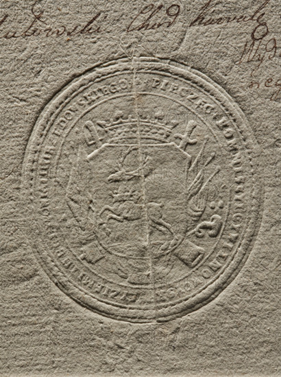 Seal of the Civil-Military Order Commission of the Lublin Province, dry impression. Round seal showing a crowned coat of arms with a deer wearing a crown around its neck running to the right; behind the shield, a panoply. Rim inscription: 'SEAL OF THE CIVILIAN-MILIARY COMMITTEE OF THE LUBELSKA COUNTY, 1790'. Civil-military order commission; official district seal; Urzedów poviat, Lublin region, Poland., The image shows a textured, beige-gray sheet with an embossed circular seal centered on it; the seal features a crowned shield with a rearing horse and surrounding decorative elements, and a few cursive ink marks appear near the top in brown.