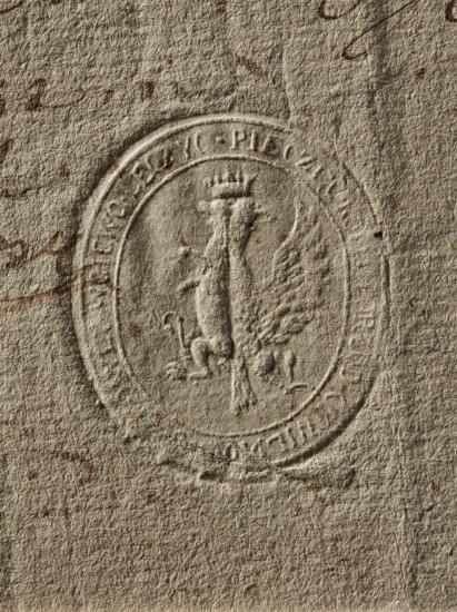 Seal of the Civil-Military Order Commission of the Leczyca Voivodeship. Dry impression; document seal; oval seal impression for Opoczno County. In the field under the crown: a half-lion and a half-eagle back to back. Around the rim the inscription: 'PIECZEC KOMMI PORZAD CYWIL WOYSKOWEY WOIEWO LECZYC.' Dated 1792. Leczyca, Poland. Maker: Zurakowski, Witold (?-1927). Seals with coat of arms; provincial coat of arms; official seal., The image shows a textured, rough beige or tan paper surface with an embossed circular seal featuring a raised design of a crowned bird with wings and a standing animal figure; there are a few darker brown ink marks and smudges scattered across the paper, and the embossing creates subtle shadows and highlights in shades of beige and light brown.
