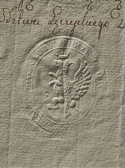 Seal of the Civil-Military Order Commission of the Leczyca Voivodeship; dry impression attached to documents. Oval seal impression of the Civil-Military Order Commission of the Leczyca Voivodeship, Opoczno County. In the field under the crown: a half-lion and a half-eagle back to back. Around the rim the inscription: 'PIECZEC KOMMI PORZAD CYWIL WOYSKOWEY WOIEWO LECZYC.' Dated 1790. Poland, Leczyca., The image shows a textured, off-white paper surface with an embossed oval seal featuring a raised heraldic creature with wings and a crown, surrounded by decorative borders; above the seal there is a few lines of brown ink handwriting, and the visible colors are off-white, beige, and brown.
