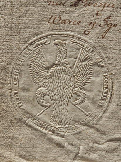 Seal of the Civil-Military Order Commission of the Czersk Land. Dry round seal impression attached to a document. In the field: an eagle without a crown. Around the rim: inscription 'PIECZEC KOMMISSI CYWILNO WOYSKOWEY ZIEMI CZERSKIEJ'. Dated 1791. Civil-military commission, Czersk Land (Lublin Land, Urzedowski County), Poland. Maker: Zurakowski, Witold (?-1927)., A close-up of textured beige paper with an embossed circular seal showing a stylized bird with outstretched wings and a long feathered tail; the seal's raised lines create shadows and depth, and the paper surface shows creases and rough fibers. The visible colors are shades of beige, tan, and light brown.