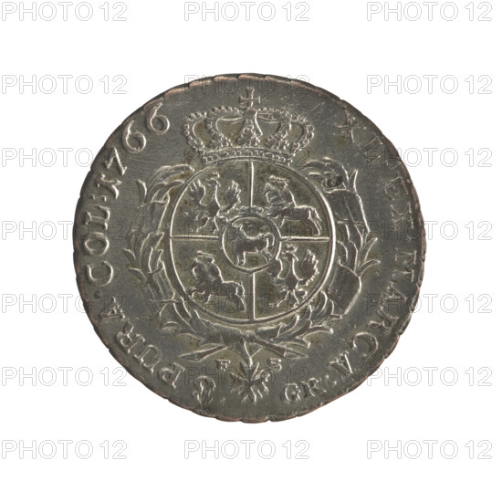 2 gold crown coins, publisher Sylm, Frederick William (fl. 1765–1767); obverse: head of Stanislaw August Poniatowski (King of Poland), inscription around the rim 'STANISLAUS AUG. D. G. REX POL. M. D. L.'; beaded border. Reverse: under a crown, in a wreath, a round five-field coat of arms with the coats of arms of Poland (Orzel), Lithuania (Pogon) and the Poniatowski family coat of arms (Ciolek), around a wreath with the Order of the White Eagle; letters 'F - S' and 'GR.' on the sides; rim inscription 'XL. EX. MARCA. - PURA. COL: 1766'; decorative edge. Date: 1766. Polish–Lithuanian Commonwealth (1569–1795), Warsaw, Poland. Medium: gold coin. Dimensions: diam. 28.0–28.6 mm; weight 8.55 g.