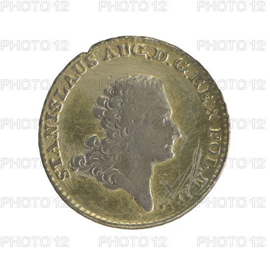 2 zloty crown; publisher: Sylm, Frederick William (fl. 1765–1767); issuer: Stanislaw August Poniatowski (King of Poland, 1764–1795). Polish Crown coin, 1766. Obverse: head of Stanislaw August, inscription around rim 'STANISLAUS AUG. D G REX POL. M.', pearl border. Reverse: under a crown, in a wreath, a round five-field coat of arms with Poland (Orzel), Lithuania (Pogon) and the Poniatowski coat of arms (Ciolek); around the wreath the Order of the White Eagle; letters F · S and 8 · GR at sides; rim inscription 'XL. EX. MARCA. · PURA. COL: 1766', pearl border, decorative edge. Polish–Lithuanian Commonwealth (1569–1795), Warsaw, Poland. Coin diameter 28.5–29.0 mm, weight 9.50 g.