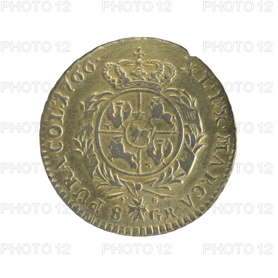 2 zloty crown, Sylm, Frederick William (fl. 1765–1767), publisher; Stanislaw August Poniatowski (King of Poland; 1764–1795), portrait and iconography; Polish crown coin, 1766. Obverse: Head of Stanislaw August, inscription around rim: STANISLAUS AUG.DGREX POL.M., pearl border. Reverse: Under a crown, in a wreath, a round five-field coat of arms with the coats of arms of Poland (Orzel), Lithuania (Pogon) and the Poniatowski coat of arms (Ciolek); around the wreath the Order of the White Eagle; letters F · S and 8 · GR on the sides; rim inscription: XL.EX.MARCA. · PURA.COL:1766.; pearl border; decorative edge. Polish–Lithuanian Commonwealth (1569–1795), Warsaw, Poland. Coin: dia. 28.5–29.0 mm, weight 9.50 g.