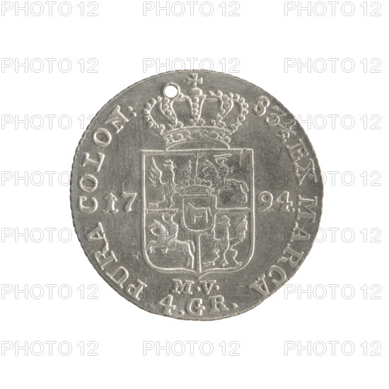 Gold crown, Stanislaw August Poniatowski (King of Poland; 1764–1795). Obverse: Head of Stanislaw August, inscription around the rim: 'STANISLAUS AUG.D. G.REX POL.MDL'. Reverse: Under a crown, a five-field coat of arms with the coats of arms of Poland (Eagle), Lithuania (Pogon), and the Poniatowski family (Ciolek); date on the sides '17-94'; at the bottom the letters 'MV' and '4.GR.'; around the inscription divided by a crown: '83½ EX MARCA-PURA COLON:' Edge obliquely fluted. 1794. Polish–Lithuanian Commonwealth (1569–1795), Warsaw, Poland. Coin; diameter 26.2–26.6 mm; weight 5.30 g.