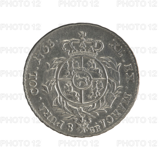2 gold crown coins, Stanislaw August Poniatowski (King of Poland; 1764–1795), maker: Sylm, Frederick William (fl. 1765–1767). Polish Crown coins, iconography: portrait of ruler, multi-field coats of arms under a crown, Order of the White Eagle. Obverse: Head of Stanislaw August, inscription around rim: 'STANISLAUS AUG. D. G. REX POL. MDL', pearl border. Reverse: Under a crown, in a wreath, a round five-field coat of arms with Poland (Eagle), Lithuania (Pogon), and Poniatowski (Ciolek); around a wreath with the Order of the White Eagle; on the sides the letters 'FS' and '8 GR'; inscription around rim: 'XL. EX. MARCA. - PURA. COL. 1768.', pearl border; decorative edge. Date: 1768. Place: Polish–Lithuanian Commonwealth (1569–1795), Warsaw, Poland. Medium: gold coin. Measurements: diameters 29.0 mm and 29.4 mm; weight 9.12 g.