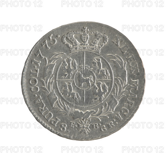 2 gold crown coins by Brenn, Ephraim (fl. 1774–1792), 1775. Obverse: head of Stanislaw August Poniatowski, inscription STANISLAUS AUG.DGREX POL.MDL, pearl border. Reverse: under a crown, in a wreath, a round five-field coat of arms with Poland (Eagle), Lithuania (Pogon) and Poniatowski (Ciolek), around a wreath with the Order of the White Eagle, letters E.-B. and 8.-GR., inscription XL.EX.MARCA.-PURA.COL.1775., pearl border, decorative edge. Polish-Lithuanian Commonwealth (1569–1795), Warsaw, Poland. Coin diameters 28.7 mm and 30.0 mm; weight 9.25 g.