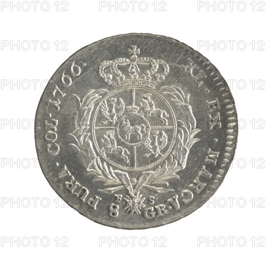 2 gold crown coins, Sylm, Frederick William (fl. 1765–1767); Stanislaw August Poniatowski (King of Poland; 1732–1798), portraits of rulers, coats of arms, multi-field coats of arms, coats of arms under a crown, orders, Order of the White Eagle. Obverse: Head of Stanislaw August, inscription around the rim: 'STANISLAUS AUG. D. G. REX POL. M. D. L.' — pearl border. Reverse: Under the crown, in a wreath, a round five-field coat of arms with the coats of arms of Poland (Orzel), Lithuania (Pogon) and the Poniatowski coat of arms (Ciolek); around it a wreath with the Order of the White Eagle; on the sides the letters FS and 8 GR; inscription: 'XL. EX. MARCA. - PURA. COL. 1766.' — pearl border; decorative edge. 1766; Polish–Lithuanian Commonwealth (1569–1795), Warsaw, Poland. Coin diameters: 29.5 mm and 30.5 mm; weight: 9.38 g.