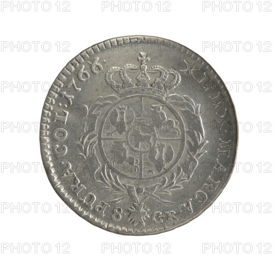 2 gold crown coins, maker: Sylm, Frederick William (fl. 1765–1767); portrait obverse: Head of Stanislaw August Poniatowski (King of Poland; 1732–1798 / reign 1764–1795), inscription around rim: STANISLAUS AUG.DGREX PO, MDL, pearl border; reverse: under a crown, in a wreath, round five-field coat of arms with the coats of arms of Poland (Orzel), Lithuania (Pogon) and the Poniatowski coat of arms (Ciolek), around it a wreath with the Order of the White Eagle, numerals 8. - GR., inscription in rim: XL.EX.MARCA. - PURA.COL:1766., decorative edge, 1766, Polish–Lithuanian Commonwealth (1569–1795), Warsaw, Poland; coin diameters 29.0 mm and 29.4 mm, weight 9.14 g.