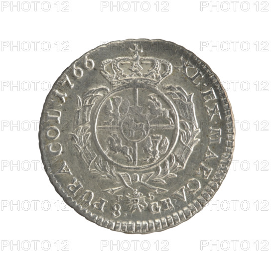 2 gold crown coins, Sylm, Frederick William (fl. 1765-1767), Stanislaw August Poniatowski (King of Poland; 1764–1795), Polish coins, Crown coins, Stanislaw August Poniatowski — iconography, portraits of rulers, coats of arms, multi-field coats of arms, coats of arms under a crown, orders, Order of the White Eagle. Obverse: Head of Stanislaw August, inscription around rim: STANISLAUS AUG.DGREX POL.MDL — beaded border. Reverse: Under a crown, in a wreath, a round five-field coat of arms with the coats of arms of Poland (Orzel), Lithuania (Pogon) and the Poniatowski coat of arms (Ciolek); around it a wreath with the Order of the White Eagle, letters S. and 8. — GR. on the sides, inscription around rim: XL.EX.MARCA.-PURA.COL:1766 — beaded border; decorative edge. 1766, Polish–Lithuanian Commonwealth (1569–1795), Warsaw, Poland. Coin diameters: 28.8 mm and 29.2 mm; weight 9.26 g.