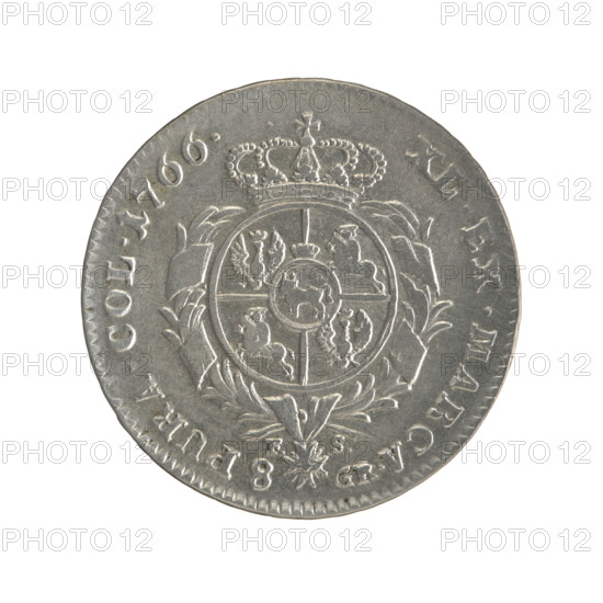 2 gold crown coins, Stanislaw August Poniatowski (King of Poland; 1764–1795), Sylm, Frederick William (fl. 1765–1767). Obverse: Head of Stanislaw August, inscription around rim: STANISLAUS AUG.DGREX POL.MDL, beaded border. Reverse: Under a crown, in a wreath, a round five-field coat of arms with the coats of arms of Poland (Orzel), Lithuania (Pogon) and the Poniatowski family coat of arms (Ciolek), around the wreath the Order of the White Eagle; on the sides the letters F.- S. and 8- GR; rim inscription: XL.EX.MARCA. - PURA.COL.1766.; beaded border; decorative edge. 1766. Polish–Lithuanian Commonwealth. Warsaw, Poland. Coin diameters: 29.5 mm and 29.6 mm; weight 9.25 g.
