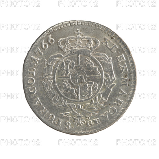 2 gold crown coins, Sylm, Frederick William (fl. 1765–1767); Stanislaw August Poniatowski (King of Poland; 1764–1795). Obverse: head of Stanislaw August, inscription around rim: STANISLAUS AUG.DGREX POL.MDL, pearl border. Reverse: under a crown, in a wreath, a round five-field coat of arms with the coats of arms of Poland (Orzel), Lithuania (Pogon) and the Poniatowski family coat of arms (Ciolek); around the wreath the Order of the White Eagle; on the sides the letters F - S and 8. - GR.; in the rim an inscription: XL.EX.MARCA. - PURA.COL:1766; pearl border; decorative edge. 1766. Polish–Lithuanian Commonwealth (1569–1795), Warsaw, Poland. Coin; diameters 29.0 mm and 29.4 mm; weight 9.13 g.