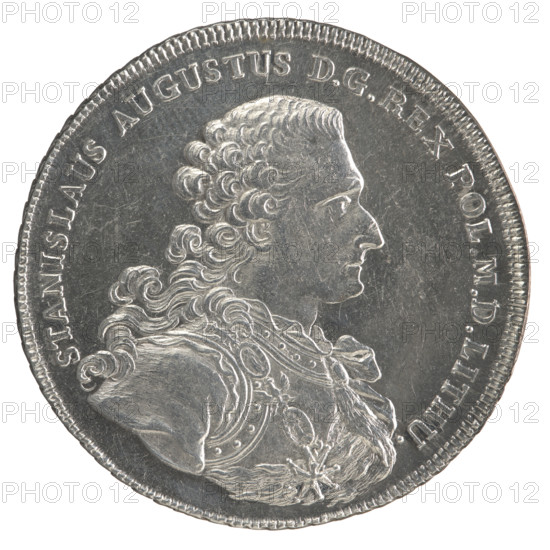 Crown thaler, Sylm, Frederick William (fl. 1765–1767), Stanislaw August Poniatowski (King of Poland; 1732–1798). Obverse: Bust of Stanislaw August in armor wearing the Order of the White Eagle, turned to the right; inscription STANISLAUS AUGUSTUS · DG REX POL. MD LITHU. — pearl border. Reverse: Under a crown, in a wreath entwined with a sash bearing the motto PRO FIDE · LEGE · ET · GREGE, a round five-field coat of arms with the coats of arms of Poland (Eagle), Lithuania (Pogon) and the Poniatowski coat of arms (Ciolek); Order of the White Eagle on the sash; letters F · S at sides; inscription X EX MARCA PURA · COLONIEN · 1766 — pearl border; decorative edge. 1766, Polish–Lithuanian Commonwealth (1569–1795), Warsaw, Poland. Coin: diameter 43.0–43.6 mm, weight 27.82 g.