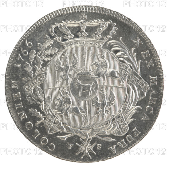 Crown thaler, Sylm, Frederick William (fl. 1765–1767); Stanislaw August Poniatowski (King of Poland; 1732–1798) — obverse: Bust of Stanislaw August in armor wearing the Order of the White Eagle, turned to the right, legend STANISLAUS AUGUSTUS · D G REX · POL. M. D. LITHU. — pearl border. Reverse: Under a crown, within a wreath entwined with a sash bearing the motto PRO FIDE · LEGE · ET · GREGE, a round five-field coat of arms with Poland (Eagle), Lithuania (Pogon) and the Poniatowski coat of arms (Ciolek); Order of the White Eagle on the sash; letters F – S at sides; legend X · EX · MARCA · PURA · COLONIEN · 1766 — pearl border; decorative edge. 1766. Polish–Lithuanian Commonwealth (1569–1795), Warsaw, Poland. Silver crown thaler, dia. 43.0–43.6 mm, weight 27.82 g.