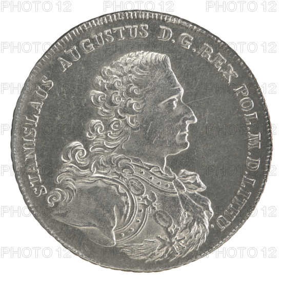 Crown thaler, Sylm, Frederick William (fl. 1765–1767); Stanislaw August Poniatowski (King of Poland; 1732–1798) — obverse: bust of Stanislaw August in armor with the Order of the White Eagle, turned right, inscription STANISLAUS AUGUSTUS · DGREX POL.MDLITHU, pearl border. Reverse: under a crown, a wreath entwined with a sash bearing the motto PRO FIDE · LEGE · ET · GREGE, a round five-field coat of arms showing Poland (Eagle), Lithuania (Pogon) and the Poniatowski coat of arms (Ciolek); Order of the White Eagle on the sash; letters F · S on the sides; inscription X EX MARCA PURA · COLONIEN · 1766, pearl border, decorative edge. 1766; Polish–Lithuanian Commonwealth (1569–1795); Warsaw, Poland. Coin; diameter 42.8–43.0 mm; weight 28.04 g.