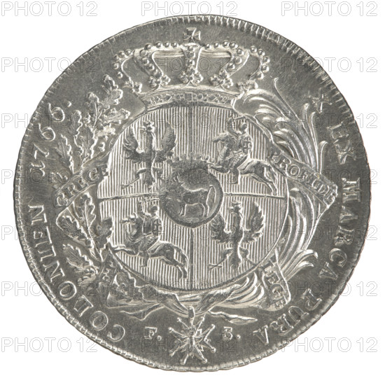 Crown thaler, Sylm, Frederick William (fl. 1765–1767); Stanislaw August Poniatowski (King of Poland; 1732–1798) — obverse: bust of Stanislaw August in armor with the Order of the White Eagle, turned to the right, legend STANISLAUS AUGUSTUS · DGREX · POL.MDLITHU, pearl border. Reverse: under a crown, within a wreath entwined with a sash bearing the motto PRO FIDE · LEGE · ET · GREGE, a round five-field coat of arms with Poland (Eagle), Lithuania (Pogon) and the Poniatowski coat of arms (Ciolek); Order of the White Eagle on the sash; letters F · S on the sides; legend X EX MARCA PURA · COLONIEN · 1766, pearl border, decorative edge. 1766; Polish–Lithuanian Commonwealth (1569–1795), Warsaw, Poland. Coin; dia. 42.8–43.0 mm, weight 28.04 g.