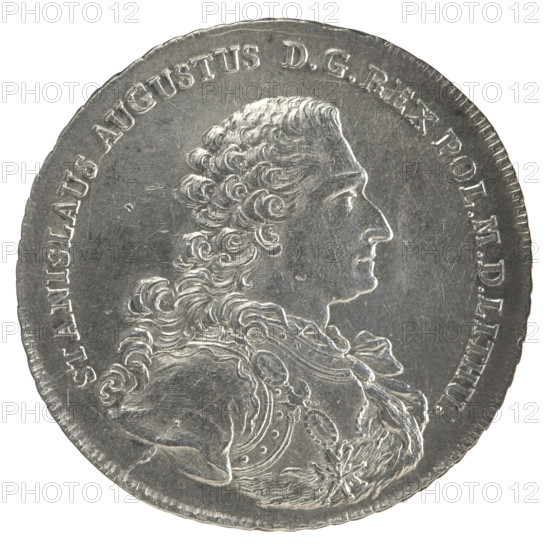 Crown thaler, Sylm, Frederick William (fl. 1765–1767); Stanislaw August Poniatowski (King of Poland, 1732–1798). Obverse: Bust of Stanislaw August in armour and with the Order of the White Eagle, turned right, around the inscription divided at the bottom: STANISLAUS AUGUSTUS DG REX POL. MD LITHU. — pearl border. Reverse: Under a crown, in a wreath entwined with a sash bearing the motto PRO FIDE - LEGE - ET - GREGE, a round five-field coat of arms with the coats of arms of Poland (Orzel), Lithuania (Pogon) and the Poniatowski coat of arms (Ciolek); below on the sash the Order of the White Eagle, flanked by the letters F - S, around the inscription divided twice: X EX MARCA PURA - COLONIEN 1766 — pearl border; decorative edge. Dated 1766. Polish–Lithuanian Commonwealth (1569–1795). Warsaw, Poland. Coin: dia. 43.2 mm, dia. 44.3 mm, weight 27.94 g.