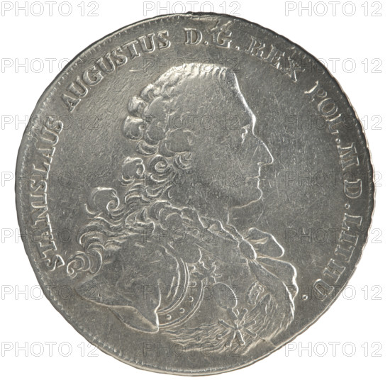 Crown thaler, Sylm, Frederick William (fl. 1765–1767); Stanislaw August Poniatowski (King of Poland ; 1732–1798). Coin, 1766. Obverse: Bust of Stanislaw August in armour and with the Order of the White Eagle turned right, around inscription divided at bottom: STANISLAUS AUGUSTUS D. REX POL. MDLITHU.; pearl border. Reverse: Under a crown, in a wreath entwined with a sash with the motto RO, ID, - LEGE -, - GRE, a round five-field coat of arms with the coats of arms of Poland (Orzel), Lithuania (Pogon) and the Poniatowski family coat of arms (Ciolek); below on the sash the Order of the White Eagle; on the sides the letters F. – S.; around inscription divided twice: X EX MARCA PURA - COLONIEN. 1766.; pearl border; decorative edge. Polish–Lithuanian Commonwealth (1569–1795). Coin diameter ~42.5–43.4 mm; weight 27.54 g.