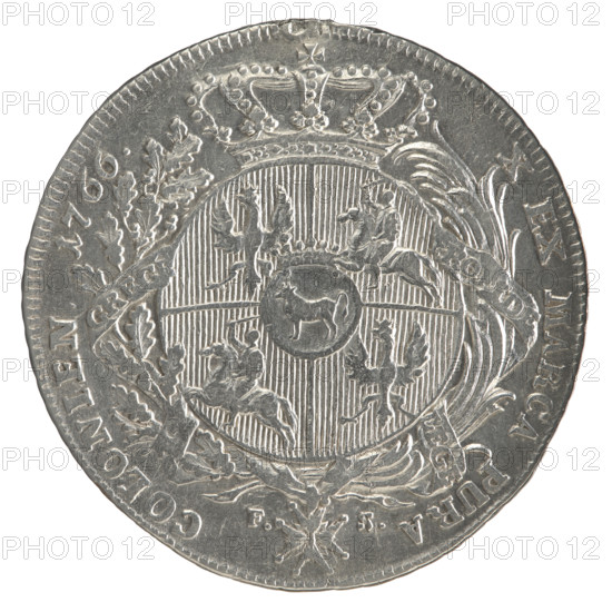 Crown thaler, Sylm, Frederick William (fl. 1765–1767), Stanislaw August Poniatowski (King of Poland; 1732–1798). 1766. Silver coin (thaler), dia. 42.5–43.4 mm, weight 27.54 g. Obverse: Bust of Stanislaw August in armour wearing the Order of the White Eagle, turned right; legend divided at the bottom: STANISLAUS AUGUSTUS D. REX POL. MDLITHU. Pearl border. Reverse: Under a crown, a round five-field coat of arms (Poland—Orzel, Lithuania—Pogon, Poniatowski family—Ciolek) within a wreath entwined with a sash bearing the motto RO, ID, - LEGE -, - GRE; Order of the White Eagle on the sash; letters F. - S. on the sides; legend divided twice: X EX MARCA PURA - COLONIEN. 1766. Pearl border; decorative edge. Style/iconography: portraits of rulers, coats of arms, multi-field coats of arms, coats of arms under a crown, orders (Order of the White Eagle). Place: Warsaw, Polish–Lithuanian Commonwealth (1569–1795).