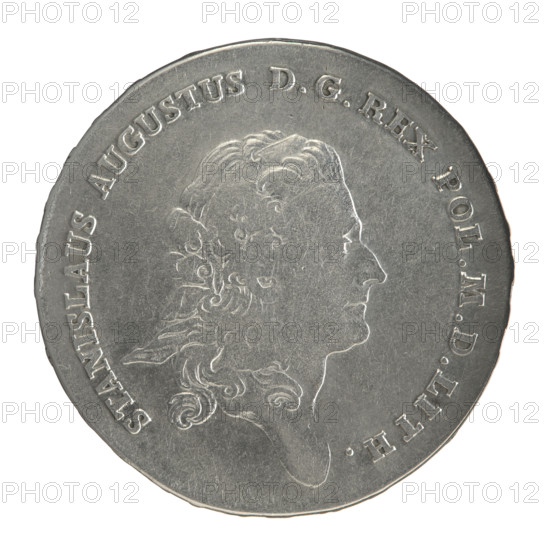 Crown thaler, Mitmaster Justyn Schröder (Warsaw Mint master 1768–1772); Stanislaw August Poniatowski (King of Poland, 1764–1795) — obverse: head of Stanislaw August turned to the right, around the inscription divided at the bottom: STANISLAUS AUGUSTUS DG REX POL. M. D. LITH. — pearl border. Reverse: under a crown, in a wreath entwined with a sash bearing the motto PRO FIDE - LEGE - ET - GREGE, a round five-field coat of arms with the coats of arms of Poland (Orzel), Lithuania (Pogon) and the Poniatowski coat of arms (Ciolek); below on the sash the Order of the White Eagle; on the sides the letters I. - S.; around a twice-divided inscription: X EX MARCA PURA - COLONIEN. 1768. — pearl border. Inscription on the edge: FIDEI - PUBLICAE - PIGNUS. 1768. Polish–Lithuanian Commonwealth (1569–1795), Warsaw, Poland. Coin; diameter 40.3–40.5 mm; weight 27.82 g.