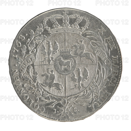 Crown thaler, Mitmaster Justyn Schröder (Warsaw Mint 1768–1772); Stanislaw August Poniatowski (King of Poland; reign dated in inscriptions), 1768. Obverse: Head of Stanislaw August turned to the right, around the inscription divided at the bottom: STANISLAUS AUGUSTUS DG REX POL. MD LITH. — pearl border. Reverse: Under a crown, in a wreath entwined with a sash bearing the motto PRO FIDE - LEGE - ET - GREGE, a round five-field coat of arms with the coats of arms of Poland (Orzel), Lithuania (Pogon) and the Poniatowski coat of arms (Ciolek); on the sash the Order of the White Eagle; letters I. - S. at sides; around a twice-divided inscription: X EX MARCA PURA - COLONIEN. 1768. — pearl border. Edge inscription: FIDEI - PUBLICAE - PIGNUS. 1768. Polish–Lithuanian Commonwealth; Warsaw, Poland. Coin; diameter ~40.3–40.5 mm; weight 27.82 g.