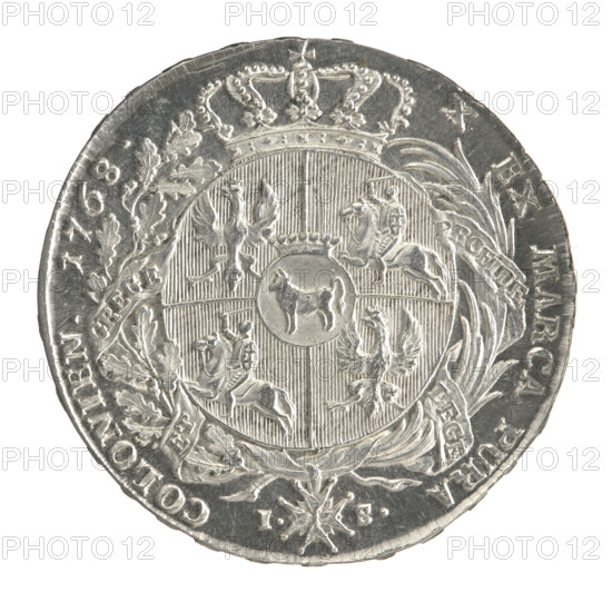 Crown thaler by Justyn Schröder (Mintmaster of the Warsaw Mint 1768–1772), 1768. Obverse: Head of Stanislaw August Poniatowski turned to the right, legend divided at the bottom: 'STANISLAUS AUGUSTUS DG REX POL. MDLITH.' — pearl border. Reverse: Under a crown, within a wreath entwined with a sash bearing the motto 'PRO FIDE - LEGE - ET - GREGE', a round five-field coat of arms with Poland (Orzel), Lithuania (Pogon) and the Poniatowski coat of arms (Ciolek); below on the sash the Order of the White Eagle; letters I. - S. at the sides; legend around: 'X EX MARCA PURA - COLONIEN. 1768.' — pearl border. Edge inscription: 'FIDEI PUBLICAE PIGNUS'. Polish–Lithuanian Commonwealth (1569–1795), Warsaw; silver coin; diameters 40.0 mm and 40.8 mm; weight 28.03 g.